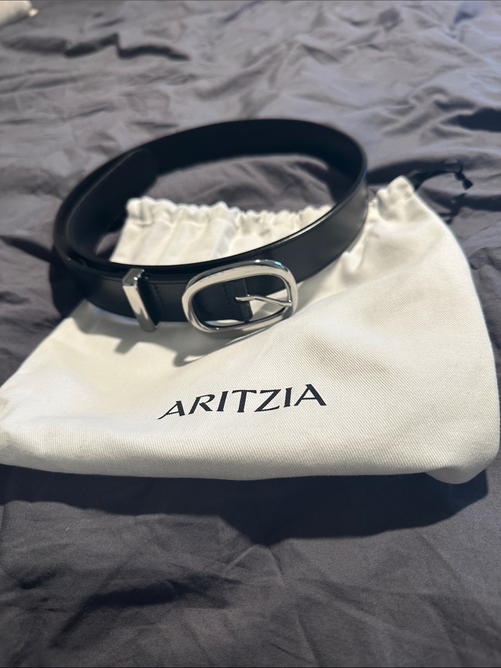 Aritzia Black Smooth Leather Belt with Silver Oval Buckle